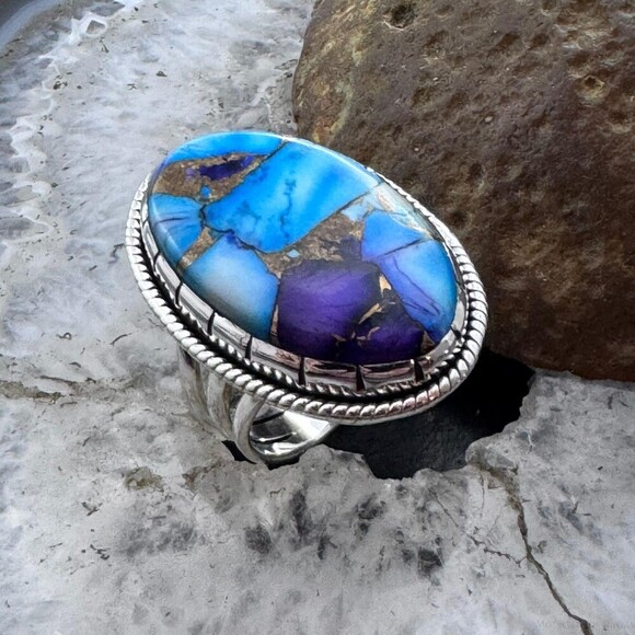 Sterling Southwestern Style Oval Purple Spiny Turquoise Ring Size 8.5 For Women - Picture 3 of 10